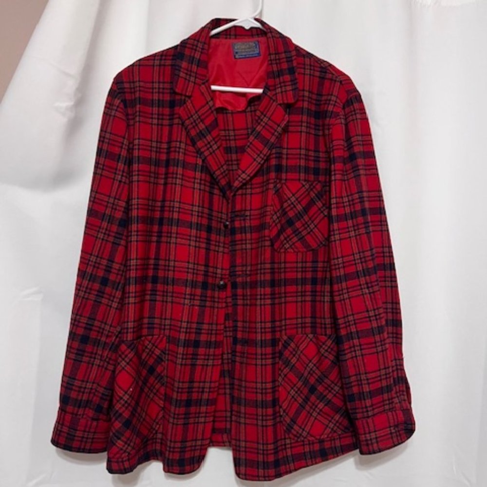 Pendleton Vintage Wool Blazer, Red Plaid, Size L - image 1